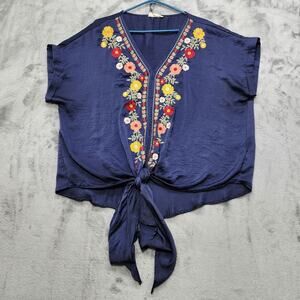 Entro Top Womens XL Blue Embroidered Floral Silky Satin Tie Front Hem Flowy Boho